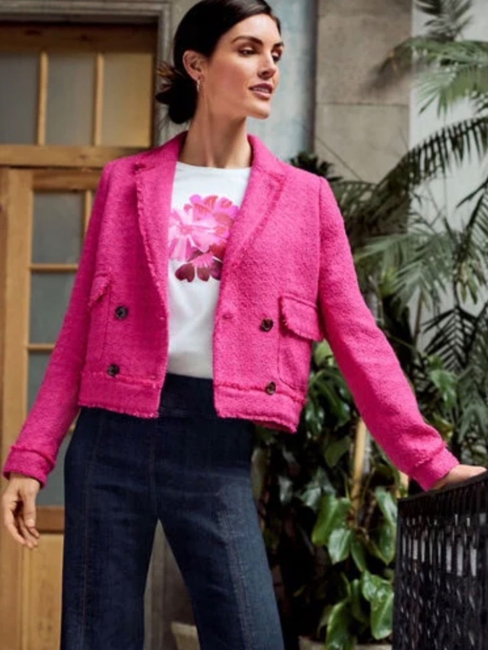 Talbots Hot Pink Tweed Crop Double Breasted Blazer